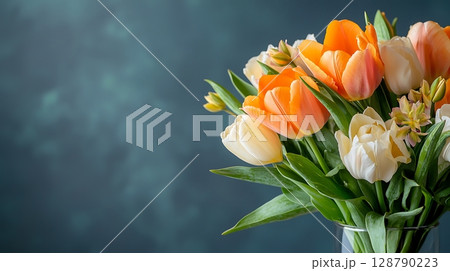 Fresh and Vibrant Bouquet of Tulips and Flowers Against a Soft Blue Background 128790223