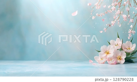 Soft Pink Flowers with Cherry Blossom Petals Against a Tranquil Blue Background 128790228