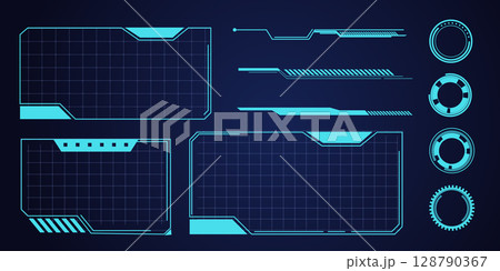 Hud frame futuristic ui frame, line abstract interface menu. Tech cyberspace border sci fi design element. Set modern board dashboard panel, gui. 128790367
