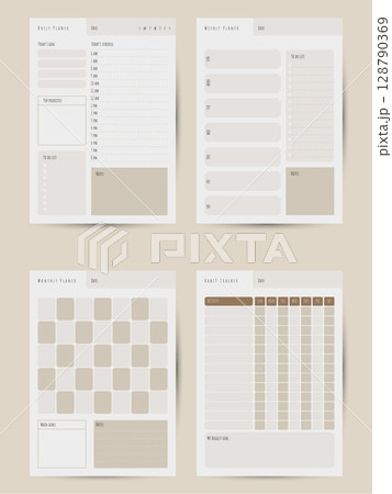 Minimalist printable personal planner page templates. Daily, weekly, monthly pages plan format A4. Habit tracker.  128790369