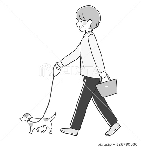 元気に犬の散歩をするシニア女性 モノクロ 元気に犬の散歩をするシニア女性 モノクロ 128790380