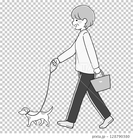 元気に犬の散歩をするシニア女性 モノクロ 元気に犬の散歩をするシニア女性 モノクロ 128790380