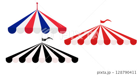 Circus tent with a split flag striped red, blue and solid black icon. Carnival dome roof, template for design. Circus tent with a split flag striped red, blue and solid black icon. Carnival dome roof, template for design. 128790411