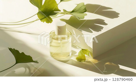 Serene floral elegance captured in soft light, highlighting a delicate perfume bottle surrounded by ginkgo leaves Serene floral elegance captured in soft light, highlighting a delicate perfume bottle surrounded by ginkgo leaves 128790460