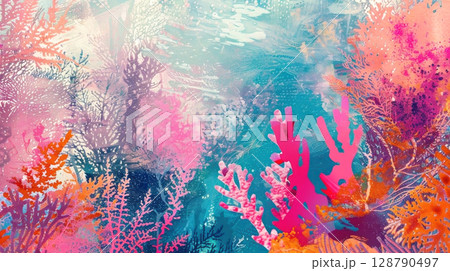 A mesmerizing blend of vibrant coral hues and oceanic blues, this digital artwork evokes the beauty 128790497