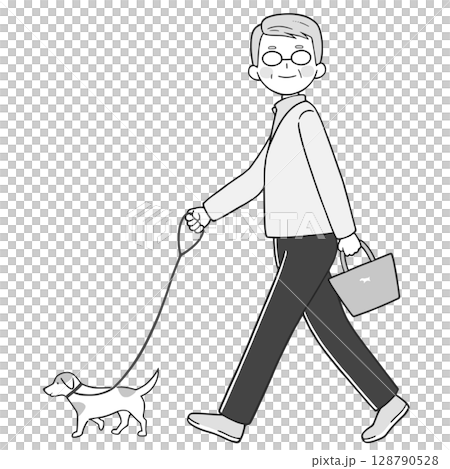 Senior man walking his dog cheerfully Monochrome Senior man walking his dog cheerfully Monochrome 128790528