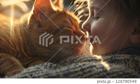 Child and cat share a serene moment, glowing under soft sunlight Child and cat share a serene moment, glowing under soft sunlight 128790549