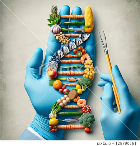 Explore the fusion of science and nutrition in this eye-catching artwork where vibrant foods form a DNA helix 128790561