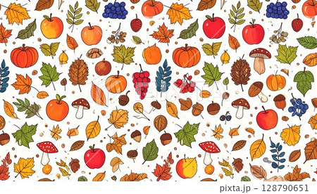 秋の食べ物と紅葉の壁紙素材 128790651