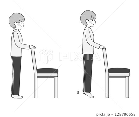 イスを使用し、かかと下ろし・かかと上げの運動をするシニア女性のモノクロイラスト イスを使用し、かかと下ろし・かかと上げの運動をするシニア女性のモノクロイラスト 128790658