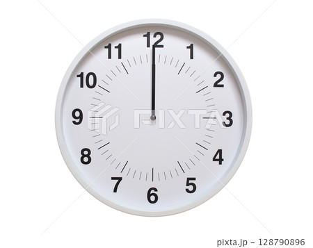 Simple white analog wall clock showing exactly 00:00 or 12:00. suitable for concepts like deadline, start or end of time. Isolated on a clean white background. Simple white analog wall clock showing exactly 00:00 or 12:00. suitable for concepts like deadline, start or end of time. Isolated on a clean white background. 128790896