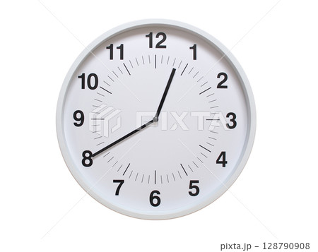 Simple white analog wall clock showing exactly 00:40 or 12:40. suitable for concepts like deadline, start or end of time. Isolated on a clean white background. 128790908