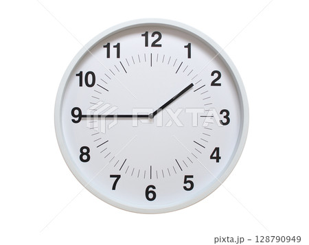 Simple white analog wall clock showing exactly 01:45 or 13:45. suitable for concepts like deadline, start or end of time. Isolated on a clean white background. Simple white analog wall clock showing exactly 01:45 or 13:45. suitable for concepts like deadline, start or end of time. Isolated on a clean white background. 128790949