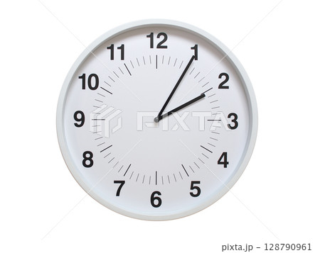 Simple white analog wall clock showing exactly 02:05 or 14:05. suitable for concepts like deadline, start or end of time. Isolated on a clean white background. Simple white analog wall clock showing exactly 02:05 or 14:05. suitable for concepts like deadline, start or end of time. Isolated on a clean white background. 128790961