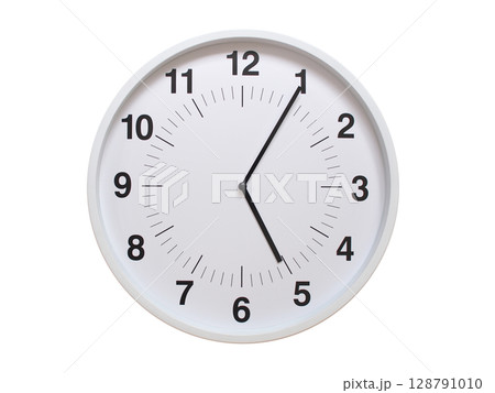 Simple white analog wall clock showing exactly 05:05 or 17:05. suitable for concepts like deadline, start or end of time. Isolated on a clean white background. Simple white analog wall clock showing exactly 05:05 or 17:05. suitable for concepts like deadline, start or end of time. Isolated on a clean white background. 128791010