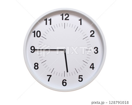 Simple white analog wall clock showing exactly 05:45 or 17:45. suitable for concepts like deadline, start or end of time. Isolated on a clean white background. 128791018