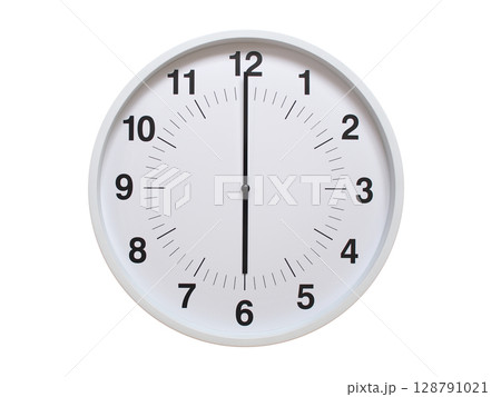 Simple white analog wall clock showing exactly 06:00 or 18:00. suitable for concepts like deadline, start or end of time. Isolated on a clean white background. 128791021