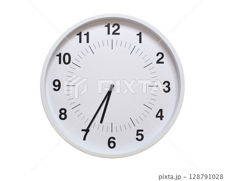 Simple white analog wall clock showing exactly 06:35 or 18:35. suitable for concepts like deadline, start or end of time. Isolated on a clean white background. 128791028