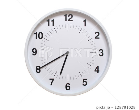 Simple white analog wall clock showing exactly 06:40 or 18:40. suitable for concepts like deadline, start or end of time. Isolated on a clean white background. 128791029