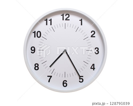 Simple white analog wall clock showing exactly 07:25 or 19:25. suitable for concepts like deadline, start or end of time. Isolated on a clean white background. 128791039
