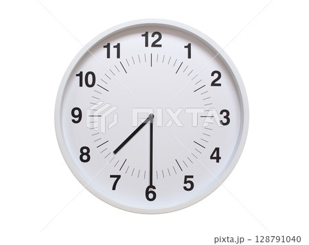 Simple white analog wall clock showing exactly 07:30 or 19:30. suitable for concepts like deadline, start or end of time. Isolated on a clean white background. 128791040