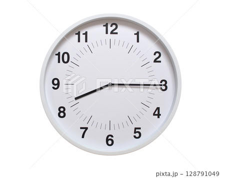 Simple white analog wall clock showing exactly 08:15 or 20:15. suitable for concepts like deadline, start or end of time. Isolated on a clean white background. 128791049