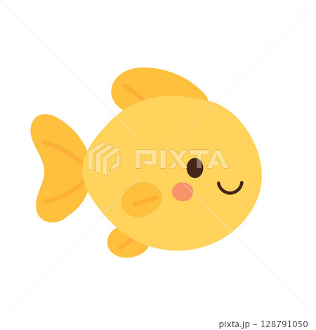 Golden round fish with smooth surface, happy face, and shiny fins. Bright aquatic pet illustration for playful underwater or sunshine designs 128791050