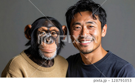 カメラ目線のチンパンジーと日本人男性（AI生成画像） 128791053