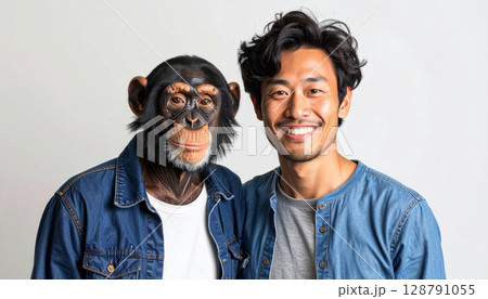 カメラ目線のチンパンジーと日本人男性（AI生成画像） 128791055