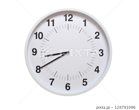 Simple white analog wall clock showing exactly 08:40 or 20:40. suitable for concepts like deadline, start or end of time. Isolated on a clean white background. Simple white analog wall clock showing exactly 08:40 or 20:40. suitable for concepts like deadline, start or end of time. Isolated on a clean white background. 128791096