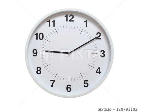 Simple white analog wall clock showing exactly 09:10 or 21:10. suitable for concepts like deadline, start or end of time. Isolated on a clean white background. Simple white analog wall clock showing exactly 09:10 or 21:10. suitable for concepts like deadline, start or end of time. Isolated on a clean white background. 128791102