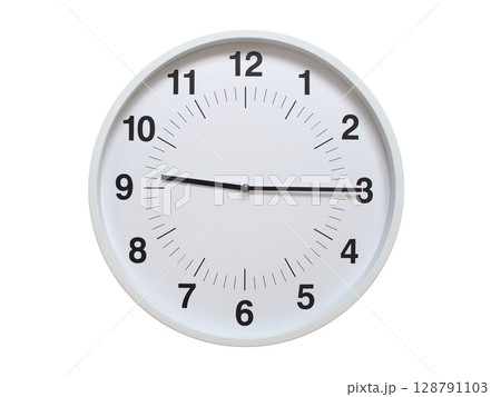 Simple white analog wall clock showing exactly 09:15 or 21:15. suitable for concepts like deadline, start or end of time. Isolated on a clean white background. 128791103