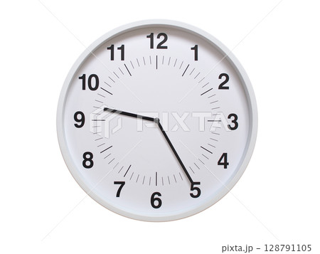 Simple white analog wall clock showing exactly 09:25 or 21:25. suitable for concepts like deadline, start or end of time. Isolated on a clean white background. Simple white analog wall clock showing exactly 09:25 or 21:25. suitable for concepts like deadline, start or end of time. Isolated on a clean white background. 128791105