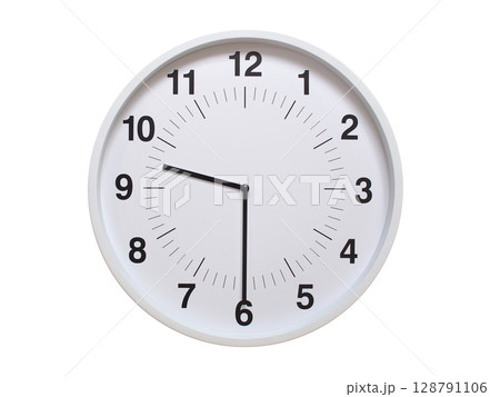 Simple white analog wall clock showing exactly 09:30 or 21:30. suitable for concepts like deadline, start or end of time. Isolated on a clean white background. Simple white analog wall clock showing exactly 09:30 or 21:30. suitable for concepts like deadline, start or end of time. Isolated on a clean white background. 128791106
