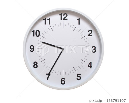 Simple white analog wall clock showing exactly 09:35 or 21:35. suitable for concepts like deadline, start or end of time. Isolated on a clean white background. Simple white analog wall clock showing exactly 09:35 or 21:35. suitable for concepts like deadline, start or end of time. Isolated on a clean white background. 128791107