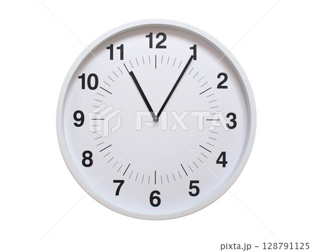 Simple white analog wall clock showing exactly 11:05 or 23:05. suitable for concepts like deadline, start or end of time. Isolated on a clean white background. Simple white analog wall clock showing exactly 11:05 or 23:05. suitable for concepts like deadline, start or end of time. Isolated on a clean white background. 128791125