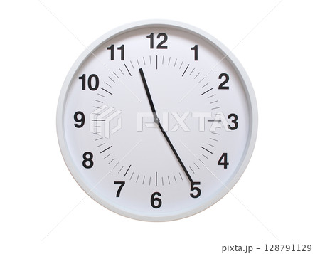 Simple white analog wall clock showing exactly 11:25 or 23:25. suitable for concepts like deadline, start or end of time. Isolated on a clean white background. 128791129