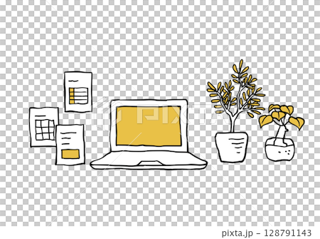 Laptop, documents and yellow potted plant 128791143