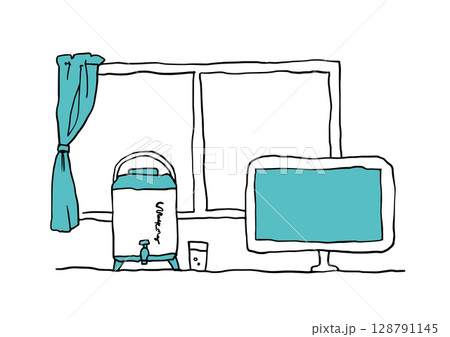 モニターとウォーターサーバーのイラスト青 モニターとウォーターサーバーのイラスト青 128791145