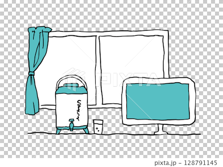 モニターとウォーターサーバーのイラスト青 モニターとウォーターサーバーのイラスト青 128791145