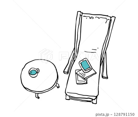 デッキチェアとミニテーブルのスケッチ風イラスト青 128791150