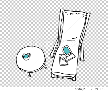 デッキチェアとミニテーブルのスケッチ風イラスト青 128791150