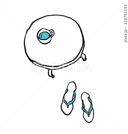 ミニテーブルとカップとサンダルのイラスト青 128791193