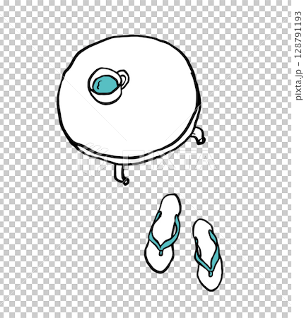 ミニテーブルとカップとサンダルのイラスト青 128791193