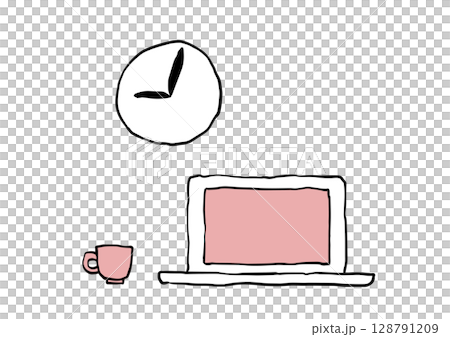 Laptop, clock and coffee cup illustration pink Laptop, clock and coffee cup illustration pink 128791209