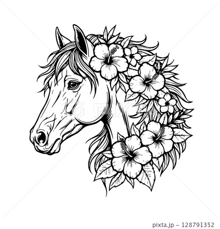 Elegant vector illustration of a horse wearing a beautiful flower crown, perfect for gentle and nature themes. Elegant vector illustration of a horse wearing a beautiful flower crown, perfect for gentle and nature themes. 128791352