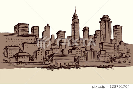 Embankment of the modern city. Vector drawing 128791704