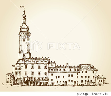 Ancient Lviv city hall. Vector cityscape 128791710