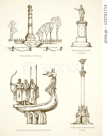 Ukrainian famous historical monuments. Vector sketch Ukrainian famous historical monuments. Vector sketch 128791714