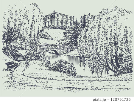 Vector landscape. Palace park with a bench near river 128791726
